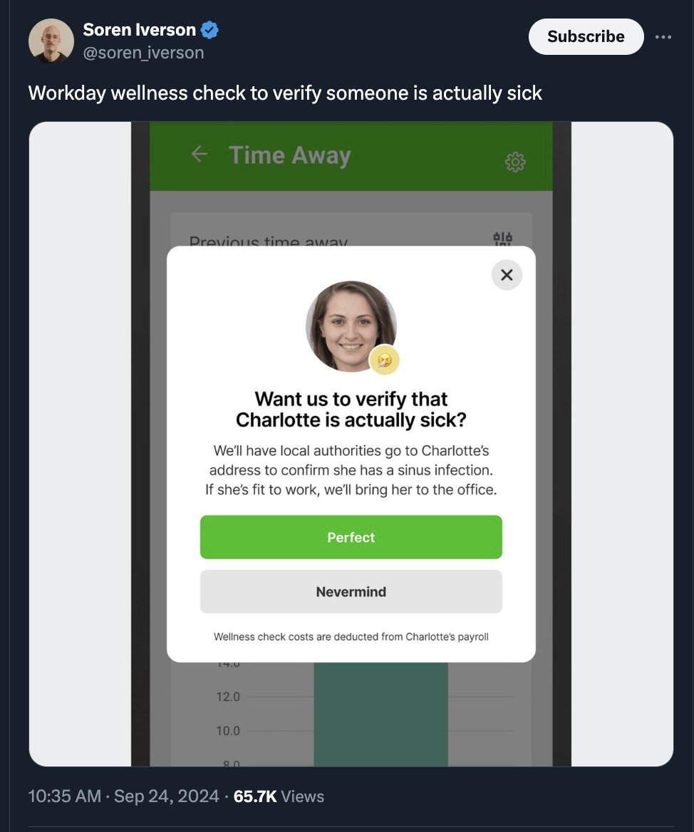 screenshot - Soren Iverson Workday wellness check to verify someone is actually sick Time Away Previous time away Want us to verify that Charlotte is actually sick? We'll have local authorities go to Charlotte's address to confirm she has a sinus infectio